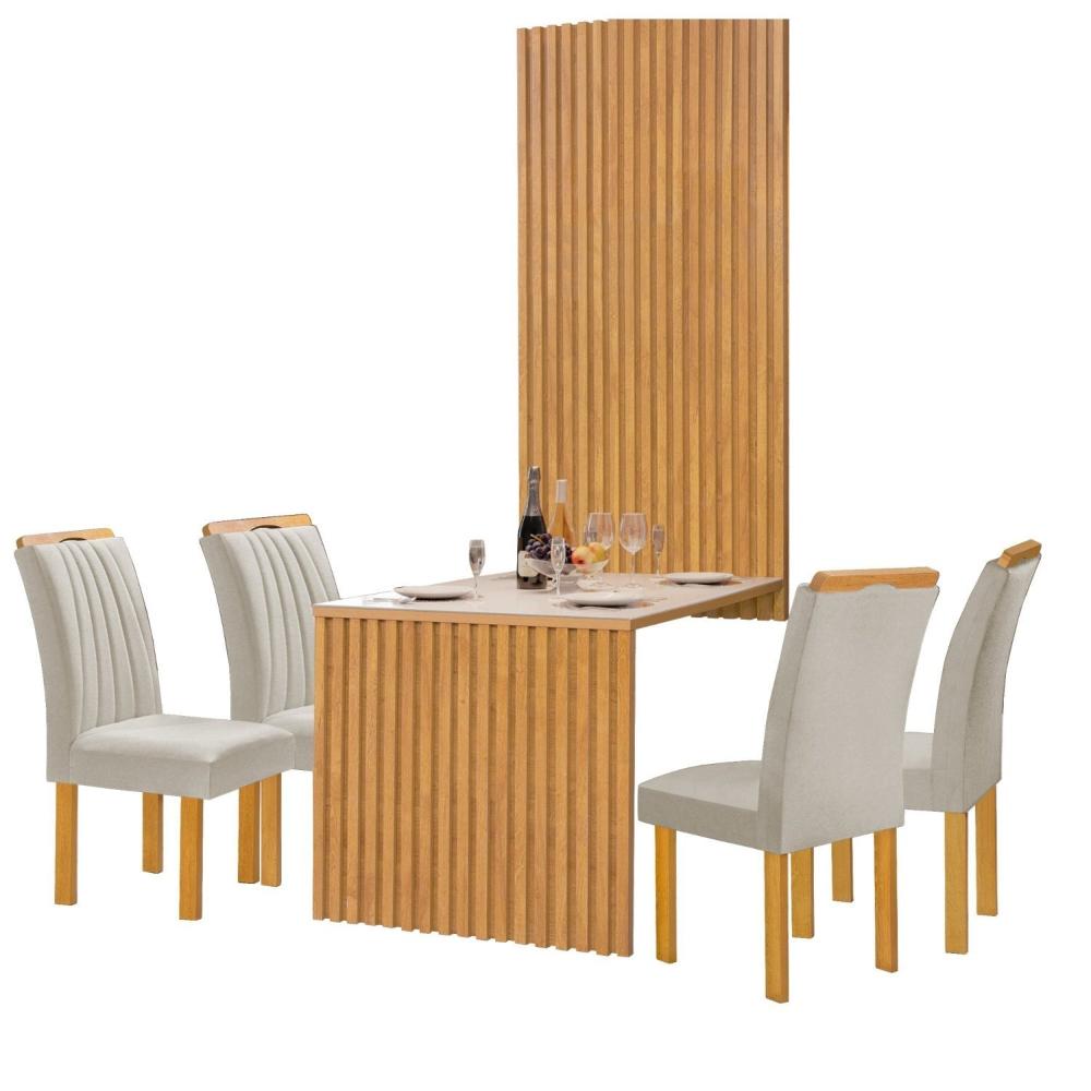 Conjunto Mesa Bella Ripada 120cm com 4 Cadeiras Arizona Tampo Bella com Vidro Cinamomo/Off White/Veludo Bege Claro