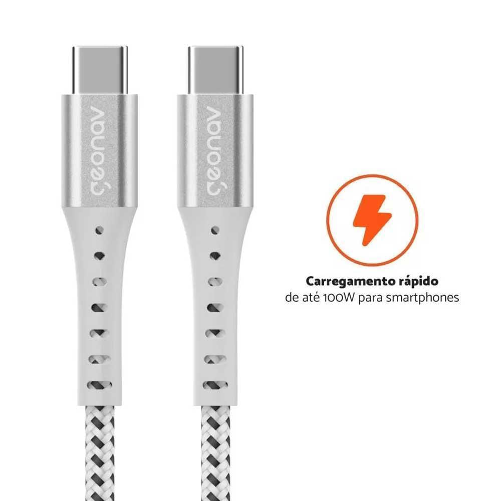 Cabo USB-C Para USB-C Em Nylon Trançado Geonav 1,2m Branco