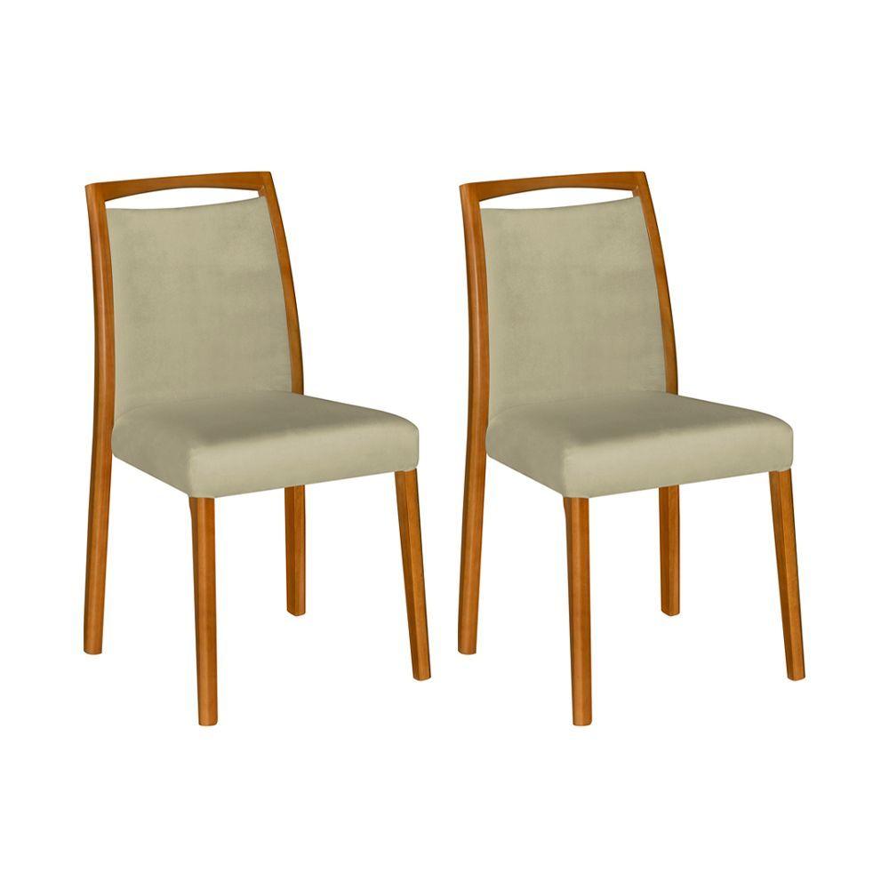 Miniatura Kit 2 Cadeiras De Jantar Estofadas Jade Veludo Bege Base Madeira Maciça Mel - Cor: Bege