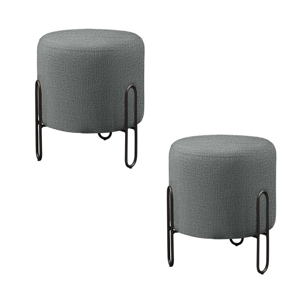 Miniatura Conjunto - 2 Puffs Banqueta Mali Luxo Base Metálica Preta Linho Cinza