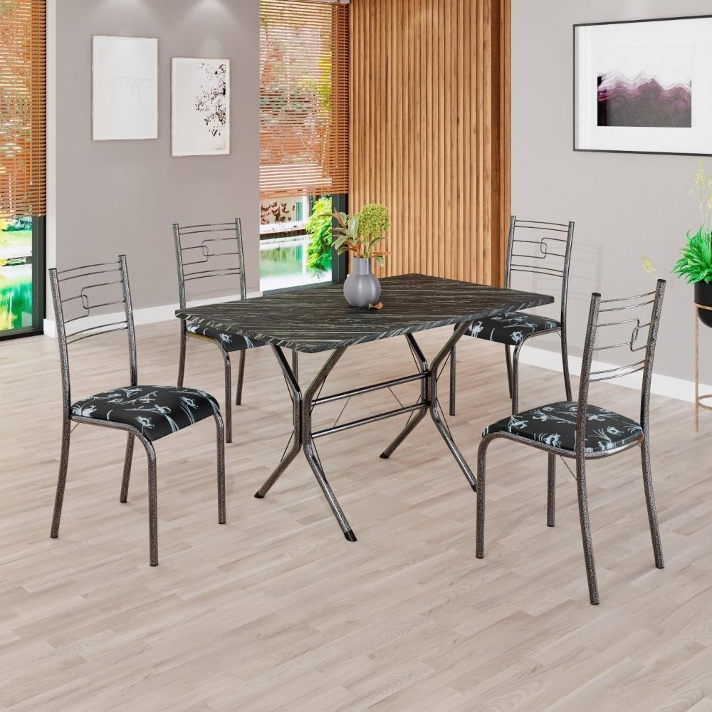 Miniatura Conjunto Sala de Jantar Mesa Retangular 100x60cm Tampo Pedra Ardósia Indiana 4 Cadeiras Paraty Preto Floral / Mart Prata