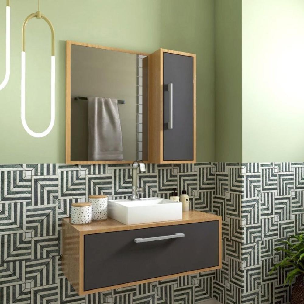 Miniatura Gabinete de Banheiro Suspenso 80cm Alice com Espelheira 01 Porta com Cuba Mel/Grafite