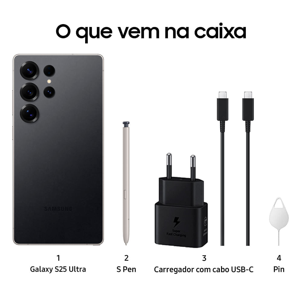 Miniatura Smartphone Samsung Galaxy S25 Ultra 5G Titânio Preto, 256GB, 12GB RAM e Câmera Quádrupla de 200MP + 50MP + 10MP + 50MP BIVOLT