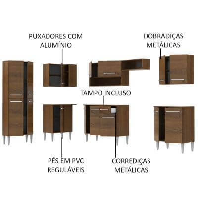 Cozinha Completa de Canto Reto Madesa Emilly Moon com Armário e Balcão 15 Portas 1 Gaveta Rustic Cor:Rustic