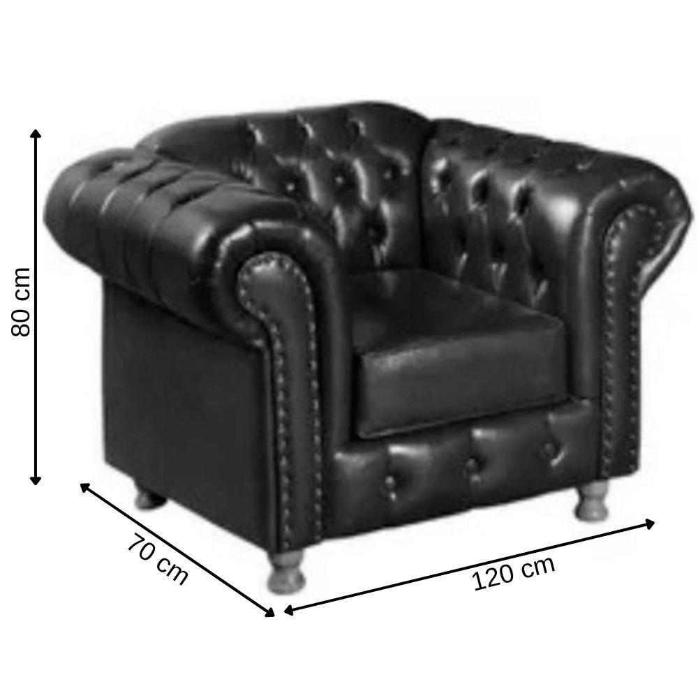 Miniatura Conjunto Sofá 4 Lugares E Poltrona Chesterfield Luís Xv Vintage Retrô Capitonê Couro Preto