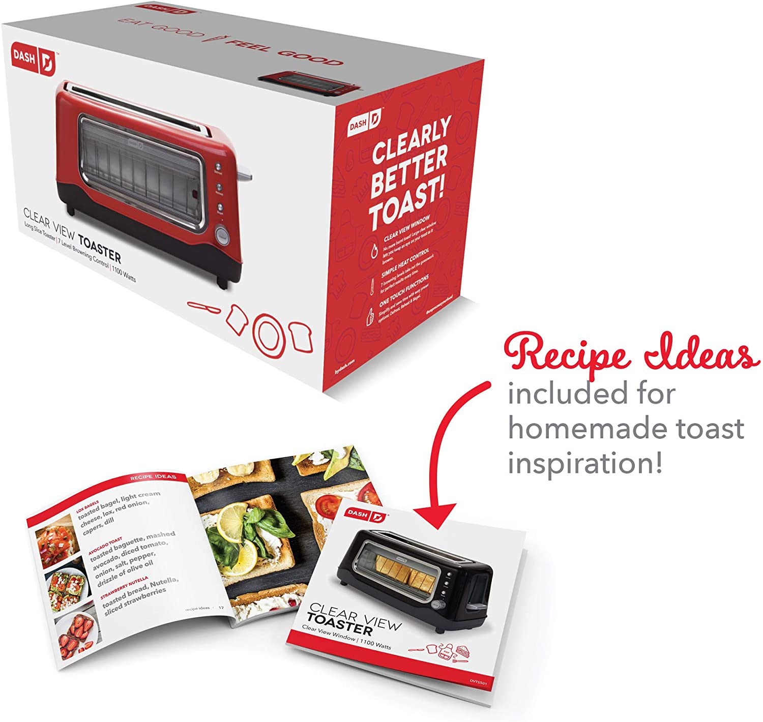 Miniatura Dash Torradeira, c/ 2 fatias, 1100W, 110V, vermelha.