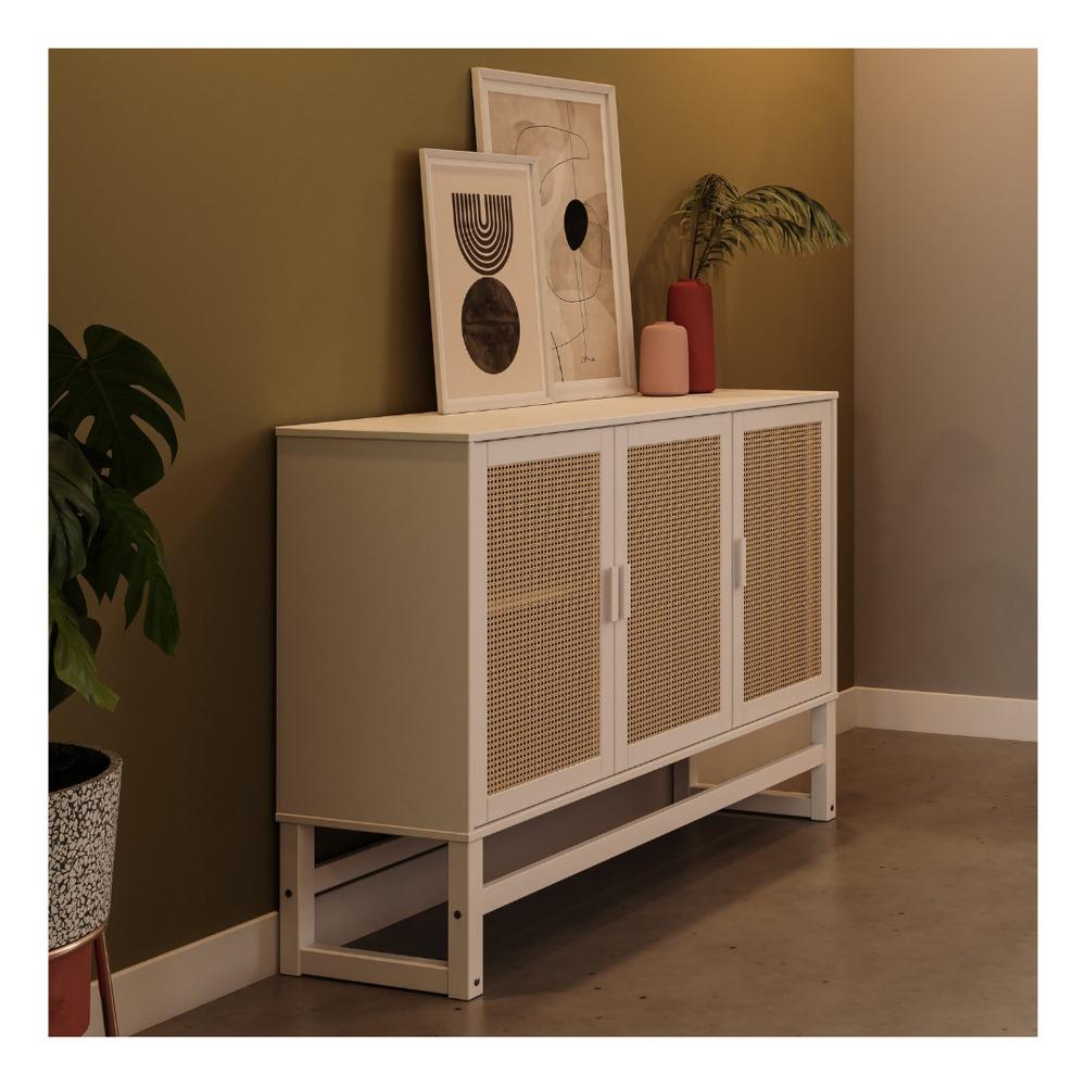 Miniatura Aparador Buffet de Madeira com 3 Portas com Palhinha Coleção Blanco Acapulco Branco