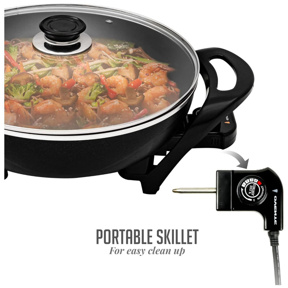 Panela Wok Elétrico OVENTE 33cm com Revestimento Antiaderente, Ideal para Família, 1400W de Potência, Controle de Temperatura, Tampa de Vidro, Prático