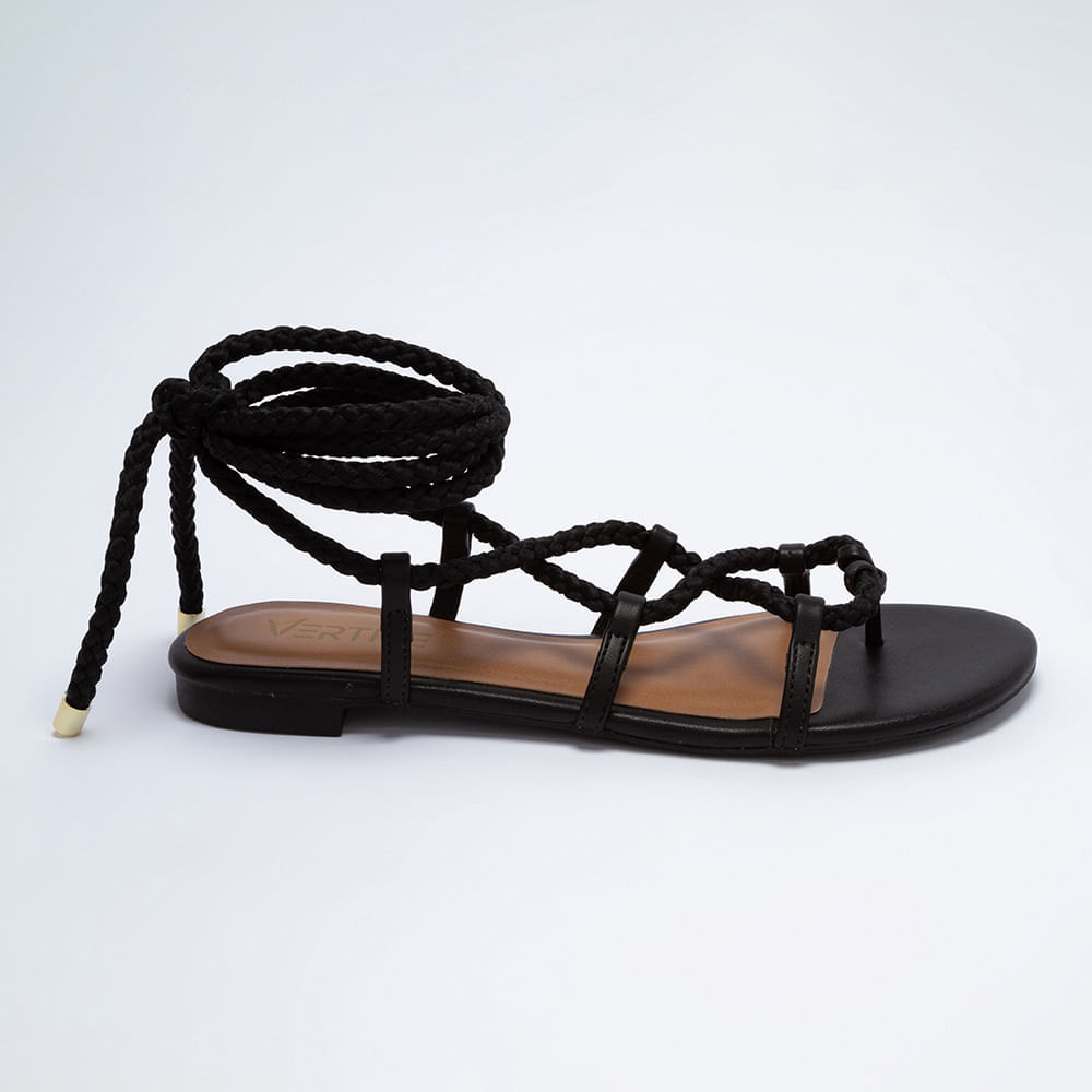 Miniatura Rasteira Flat Feminina Com Amarração Corda - Preto 35