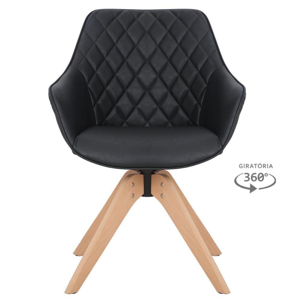 Miniatura Kit 2 Cadeiras Giratórias Com Braço Cíntia Rivatti Em Poliuretano (pu) Preto Base Madeira