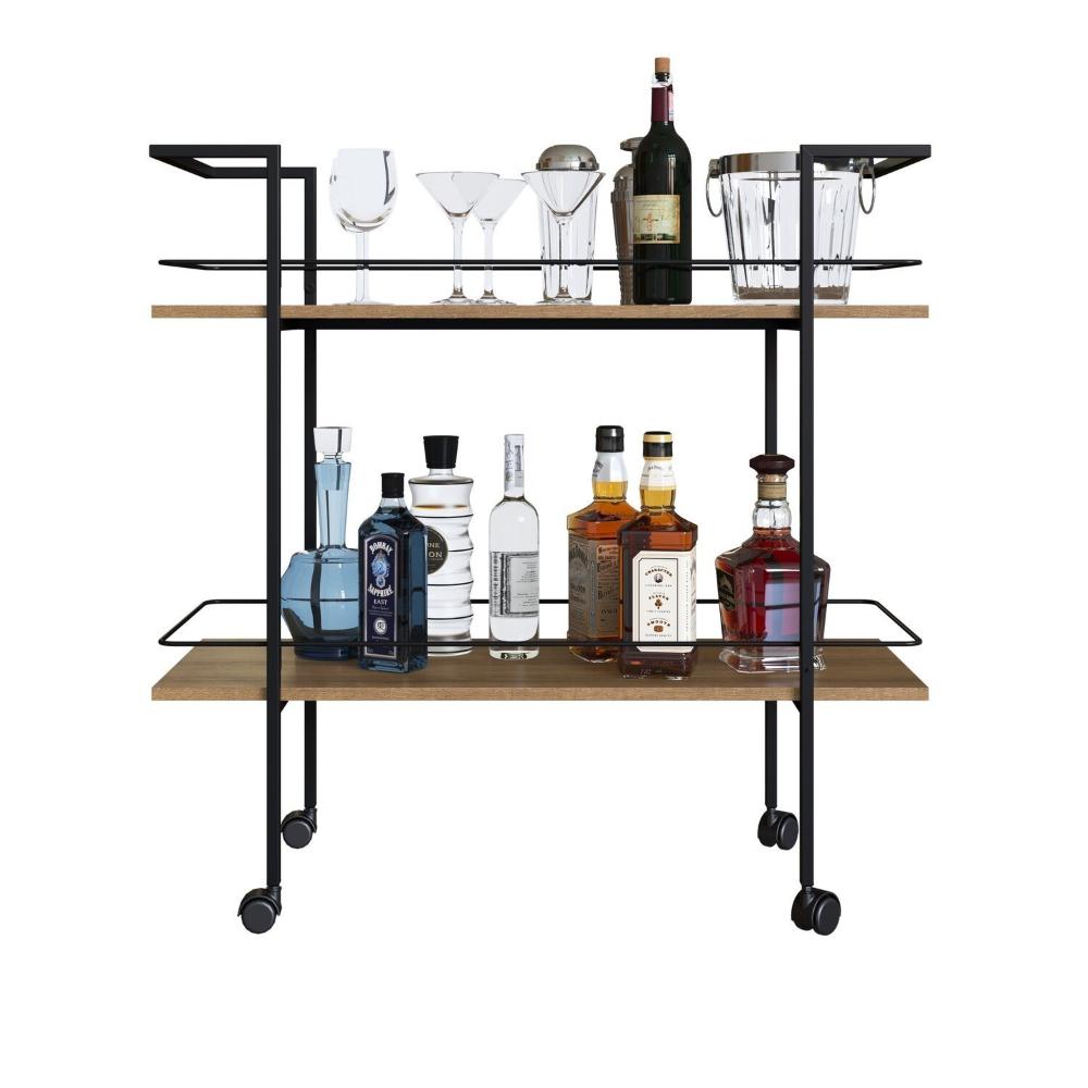 Miniatura Carrinho Bar Estilo Industrial com 2 Prateleiras Preto/Mel