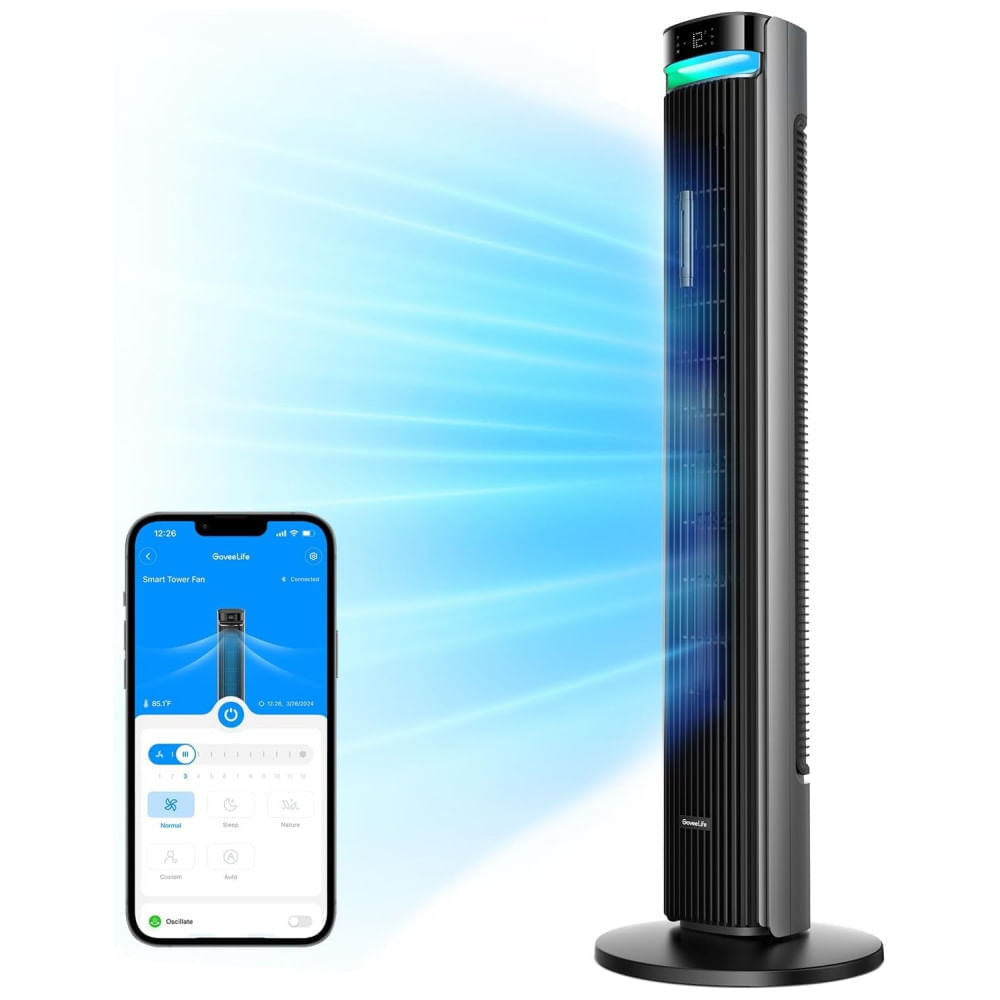 Miniatura Ventilador de Torre, Estilo Moderno com Temporizador de 24H, Silencioso, 5 Modos, 12 Velocidades e Controle por APP ou Voz, 110V 48W, Goveelife, 110v