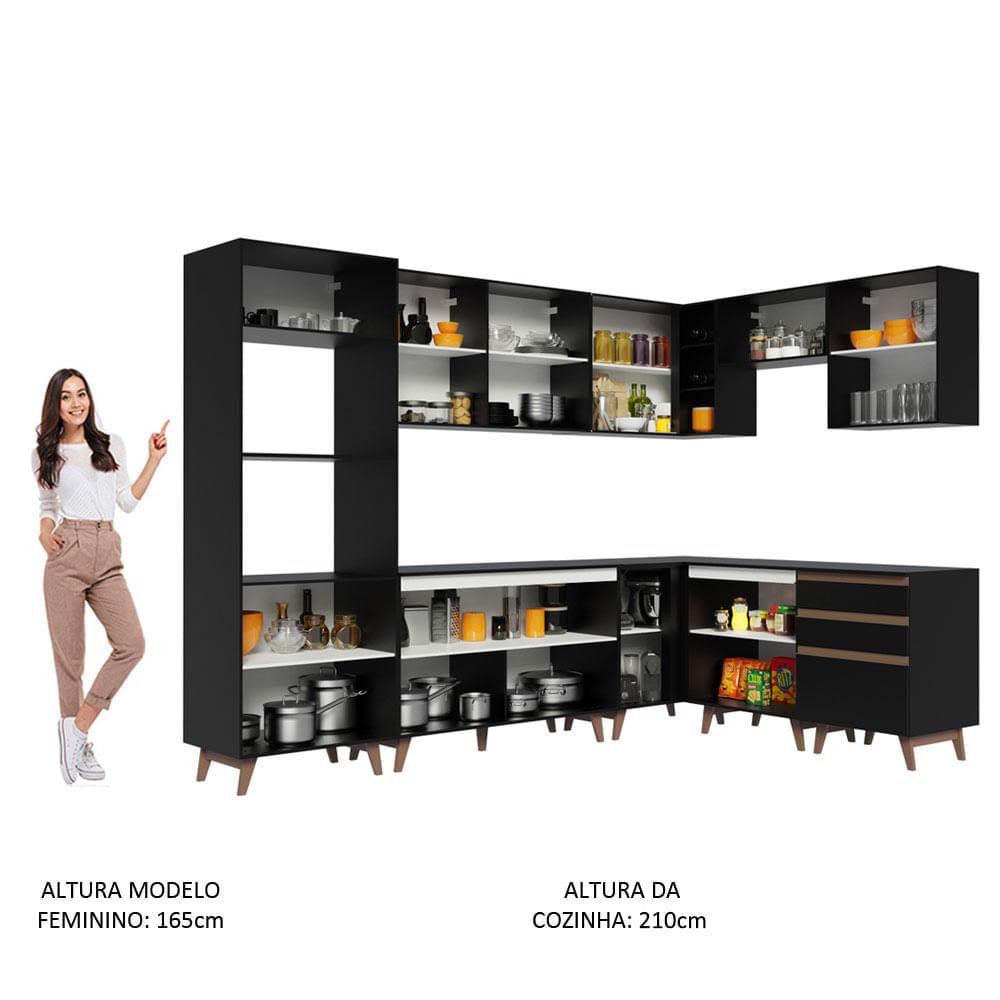 Cozinha Completa de Canto Madesa Reims 462001 com Armário e Balcão Preto Cor:Preto
