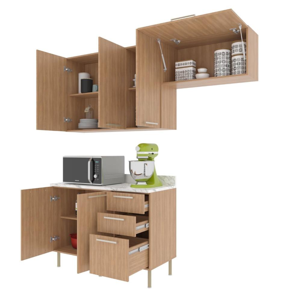 Miniatura Cozinha Compacta Dália 200cm 3 Peças, 6 Portas e 3 Gavetas com Divisor de Talheres e Tampo Cz1102 Freijó/Branco