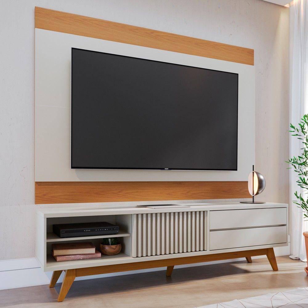 Painel Para Tv 75 Pol Chile E Rack Bancada Itália C05 Off White Matte/freijó - Mpozenato