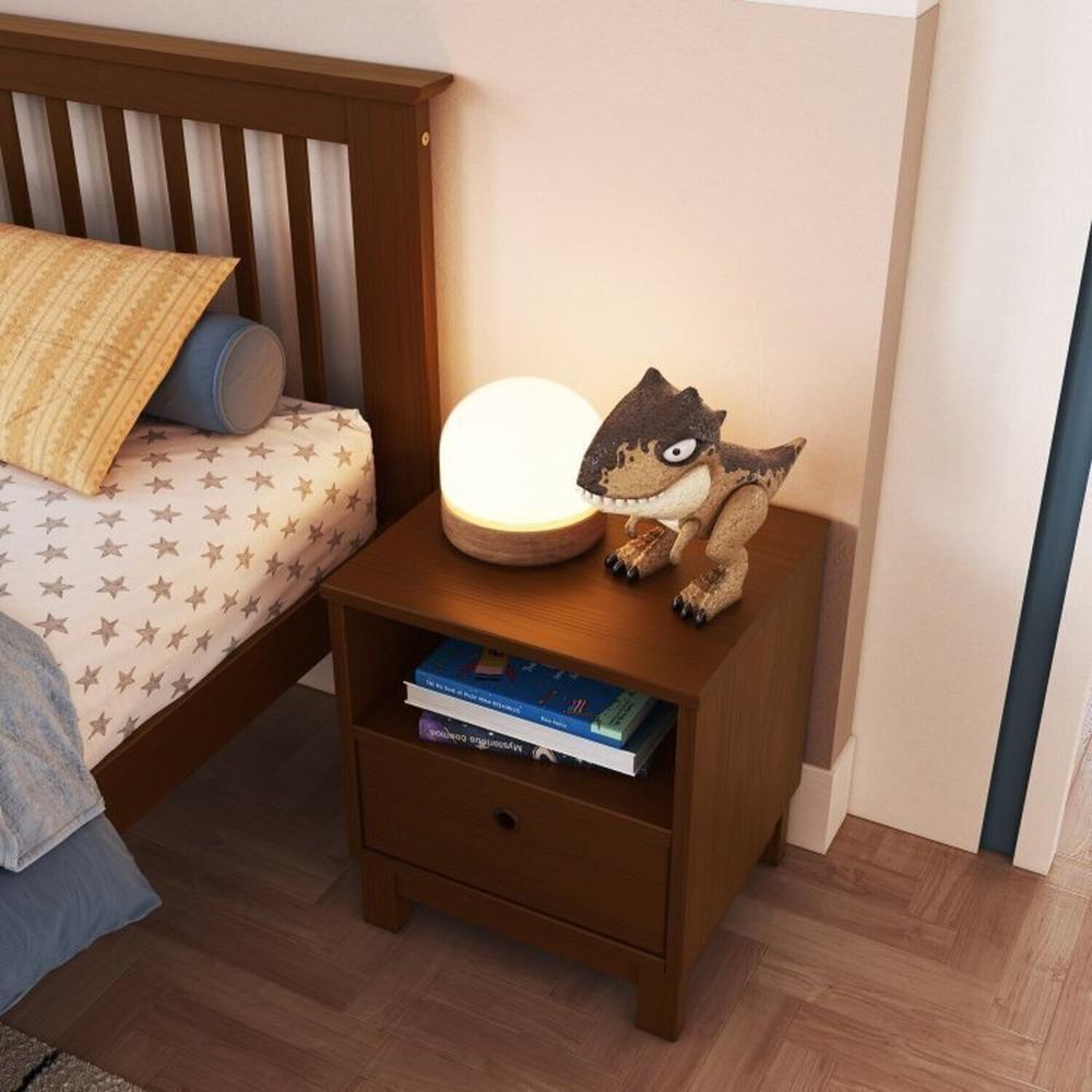 Conjunto de Quarto Solteiro Júlia de Madeira Maciça com Cama de Solteiro e Mesa de Cabeceira Walnut