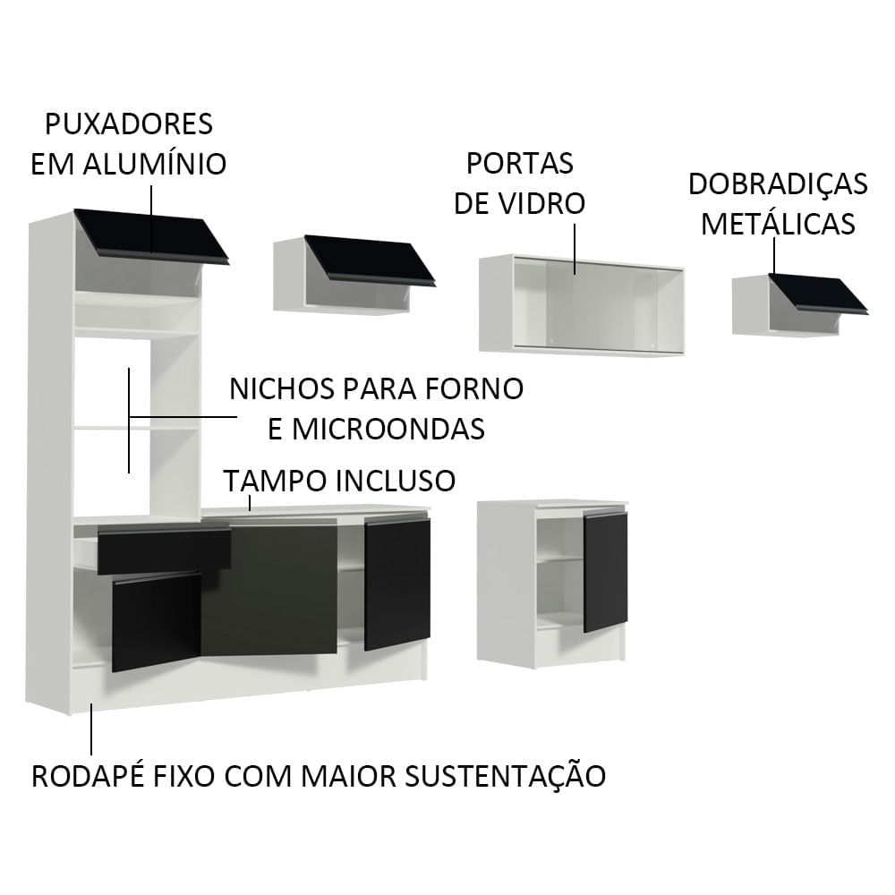 Cozinha Completa Madesa Topazio 300001 com Armário, Balcão e Tampo Branco/Preto Cor:Branco/Preto