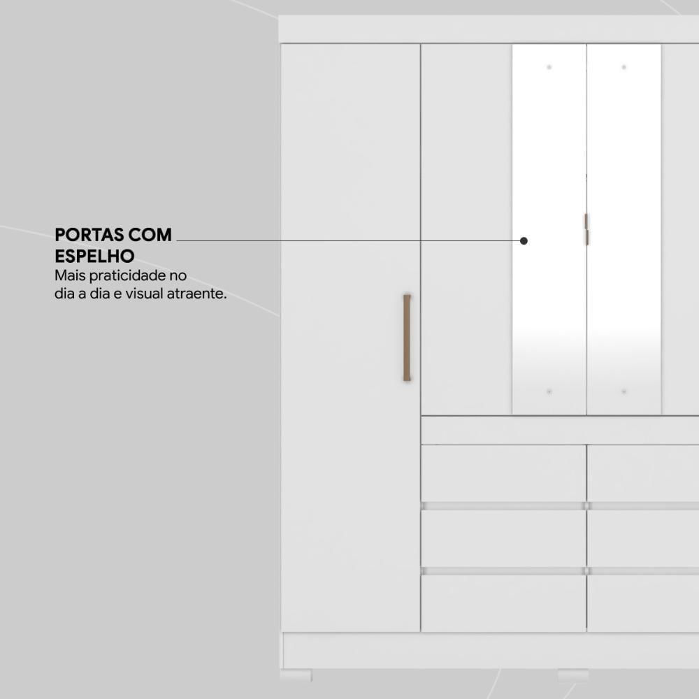 Guarda Roupa Casal 4 Portas Com Espelho E 6 Gavetas Cádis Branco Branco