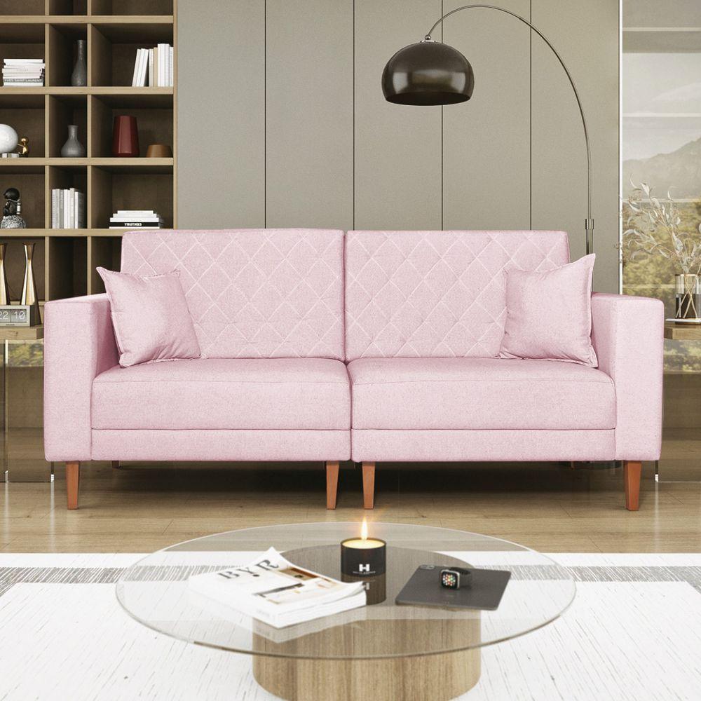 Sofá 03 Lugares Living Ponza Suede Cor Rosa Bebê