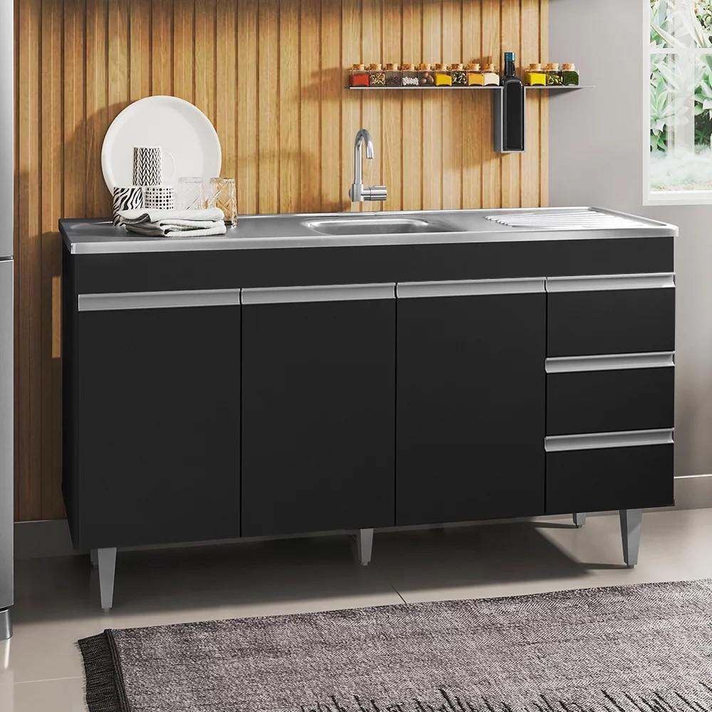 Miniatura Balcão De Cozinha Com Pia Inox 160cm 3 Gavetas Andréia Preto - Ajl Móveis
