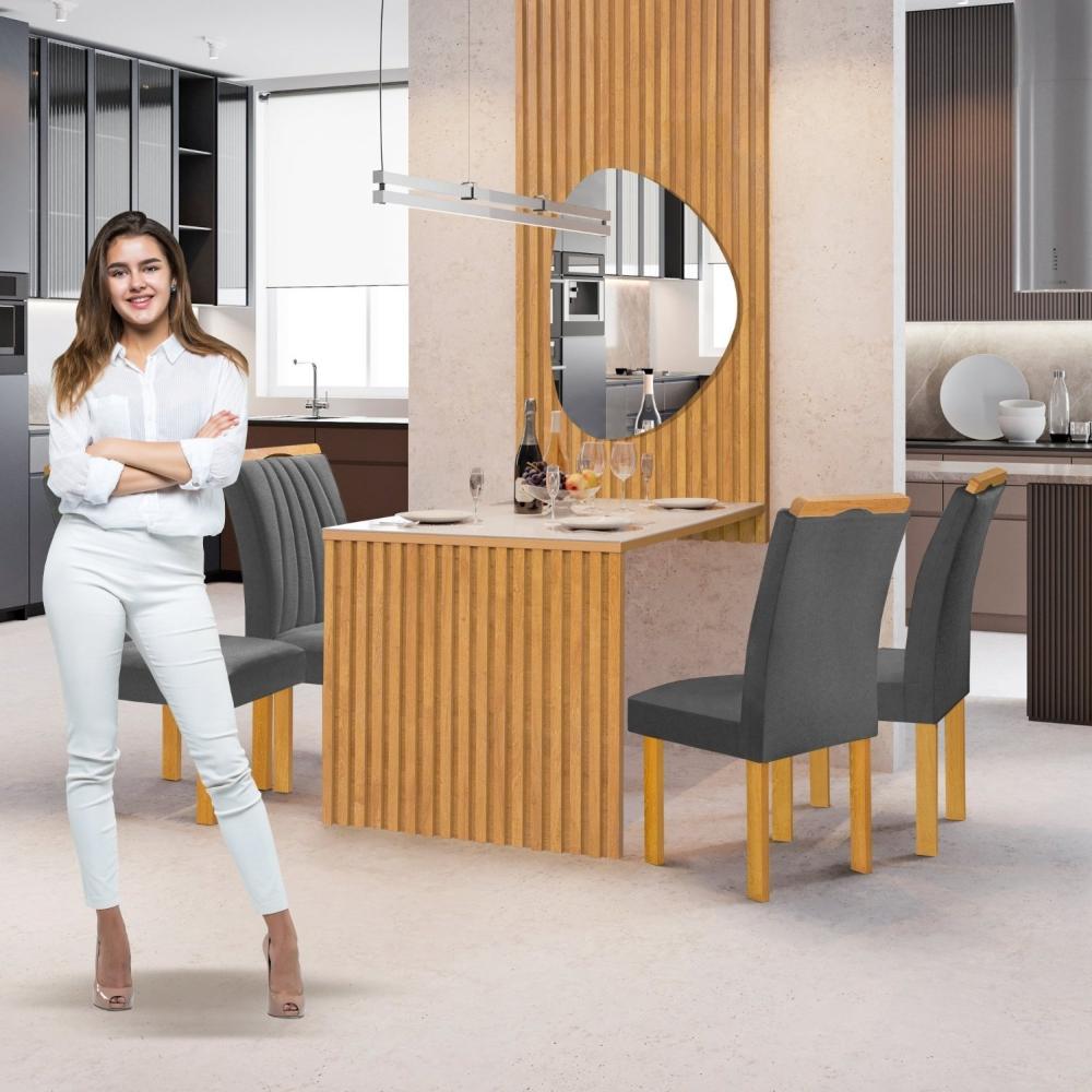 Conjunto Mesa Bella Ripada 120cm com Painel Espelhado Tampo Bella com Vidro 4 Cadeiras Arizona Cinamomo/Off White/Boucle Cinza