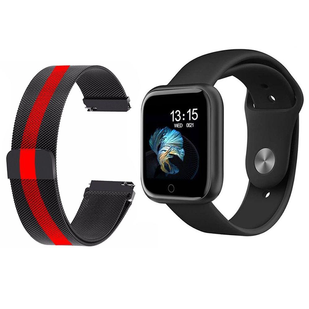 Miniatura Kit 1 Smartwatch T80 Preto + Pulseira Aço Preto Listrada
