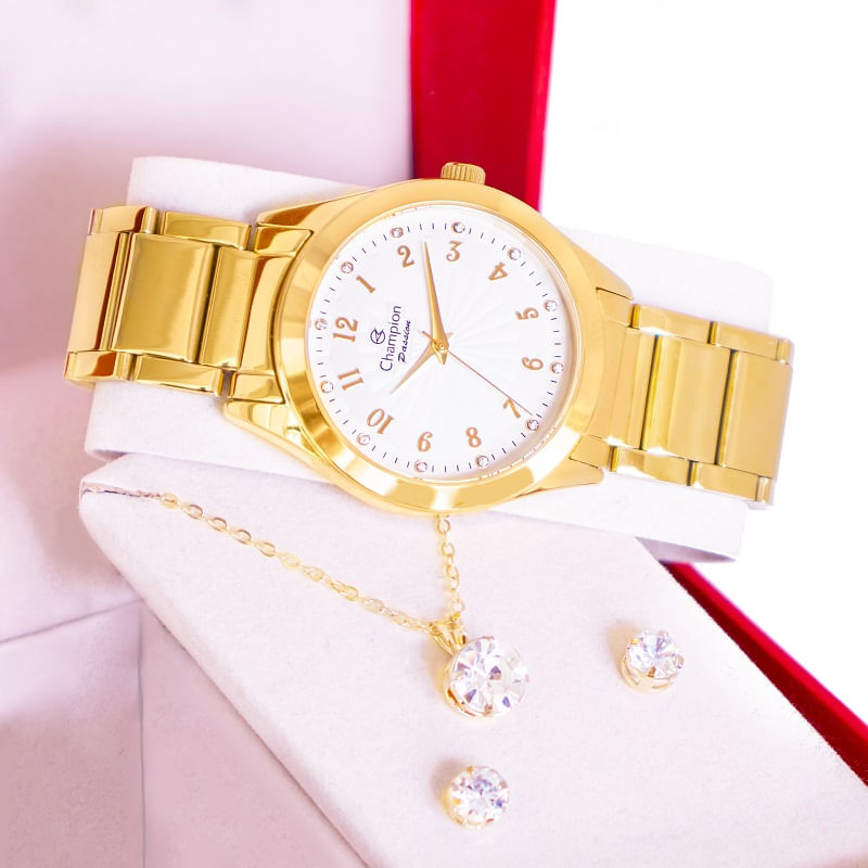 Miniatura Kit Relógio Feminino Champion Dourado Prova D'água 50 metros CN29409D com Colar e Brincos