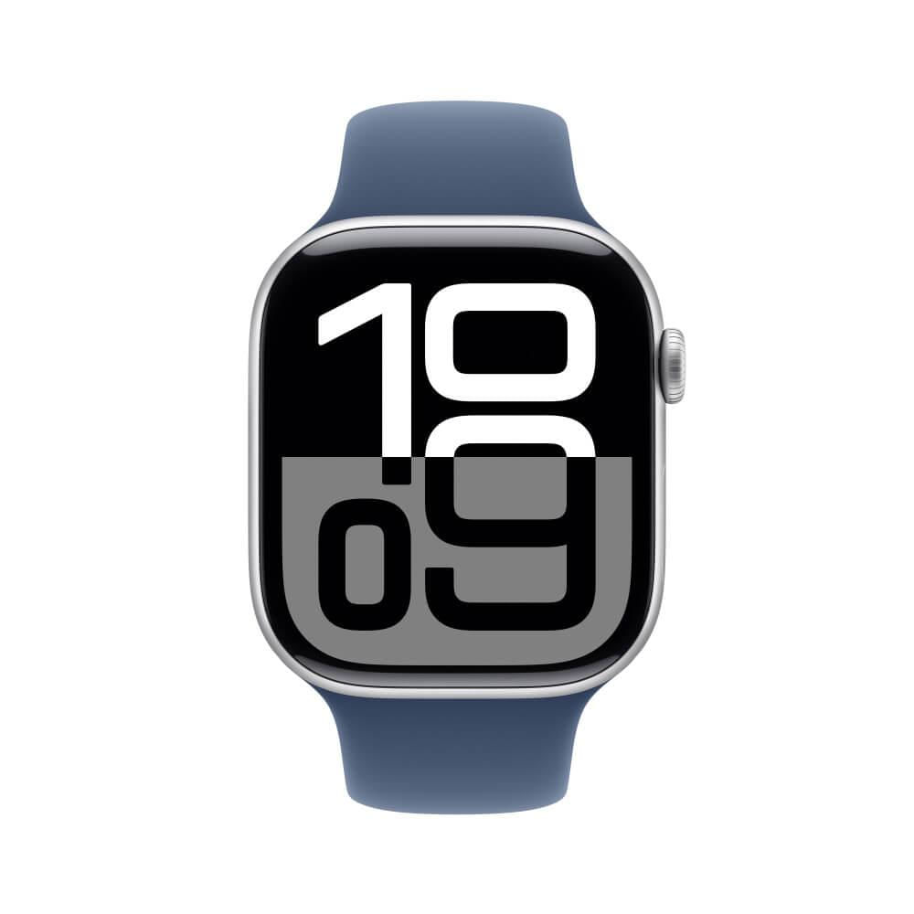 Miniatura Apple Watch Series 10 GPS + Cellular • Caixa prateada de alumínio – 46 mm • Pulseira esportiva denim – P/M