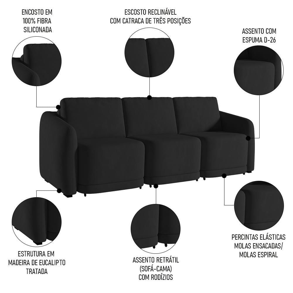Miniatura Sofá Cama Casal Para Sala 276cm Polska K04 Veludo Preto - Mpozenato