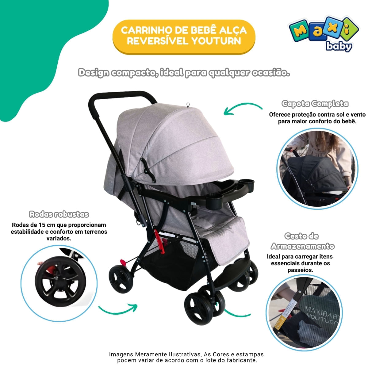 Carrinho de Bebê com Bebê Conforto 2 em 1 Youturn Maxi Baby Cinza