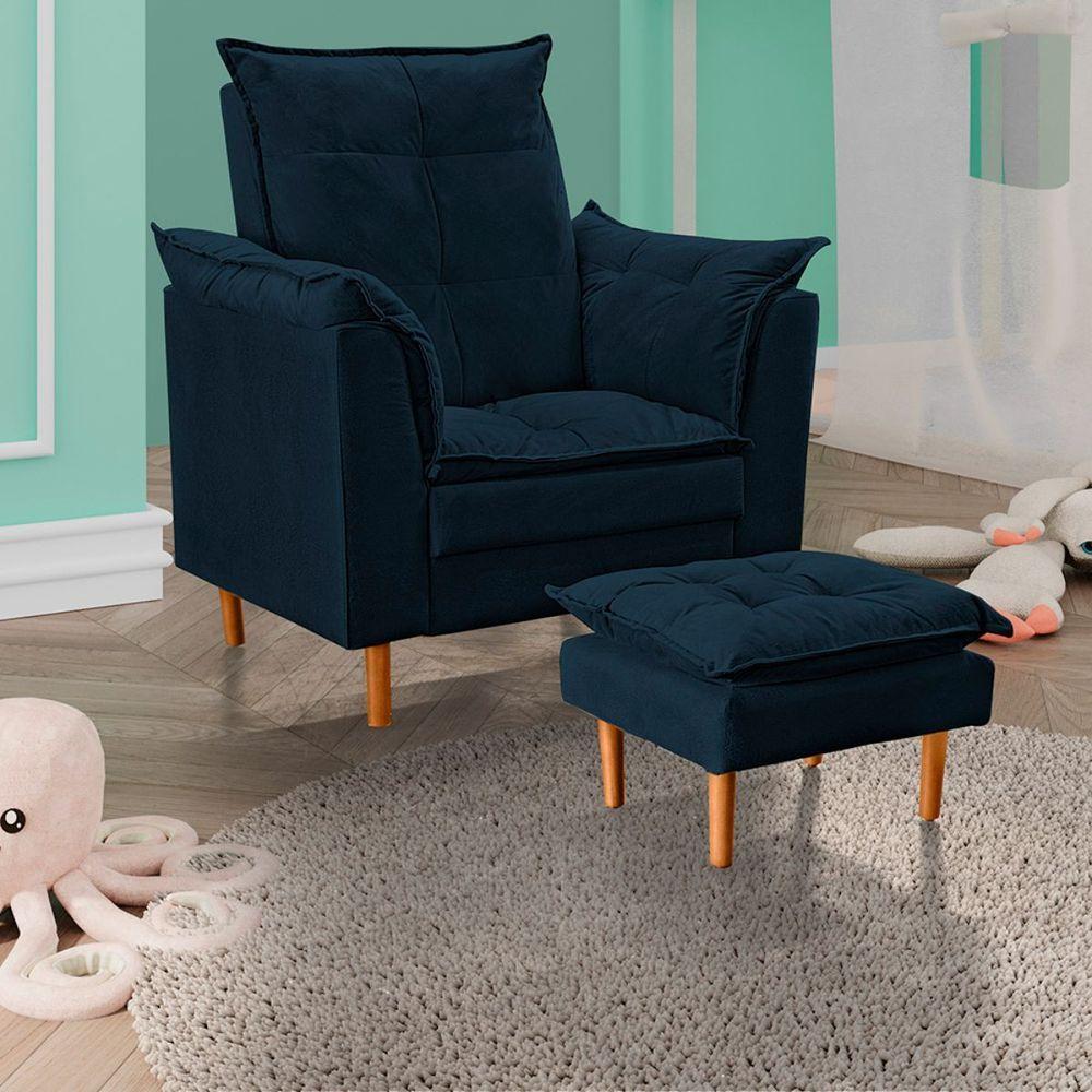 Miniatura Poltrona De Amamentação Com Puff Quarto Bebê Vitória Suede Cor:azul Marinho