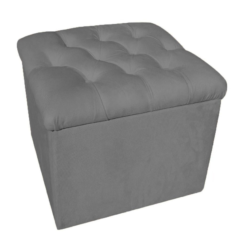 Miniatura Puff Baú Decorativo 51x51 Suede Cinza - Majú Decor