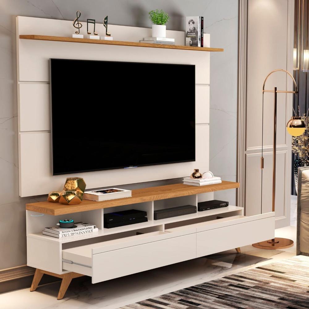 Miniatura Rack com Painel para Tv até 60 Polegadas Pés em Madeira Maciça Off White/Nature