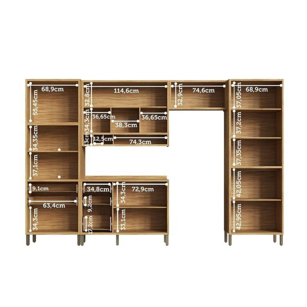 Miniatura Cozinha Modulada Completa 5 Peças 11 Portas e Vidro Reflecta 349cm 100% Mdf Vicenza Espresso Móveis Amêndoa/Branco