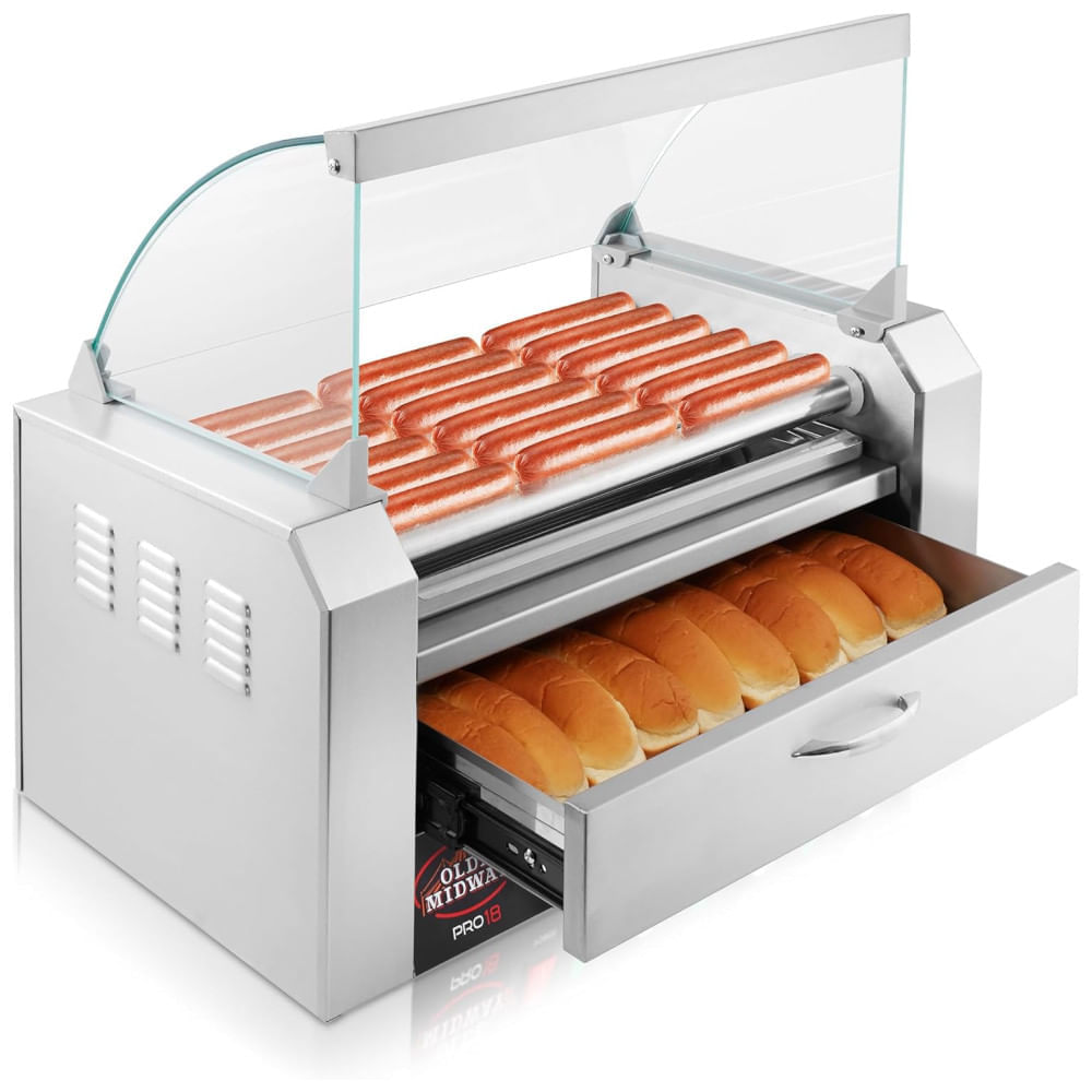 Miniatura Máquina para Cachorro Quente 7 Rolos até 18 Salsichas com Gaveta de Aquecimento, 110V 1100W, OLDE MIDWAY, Prata