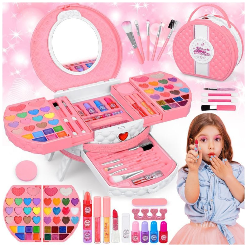 Miniatura Kit de Maquiagem Infantil com 66 Peças para Crianças de 3 a 10 Anos, MINIFUN, Rosa e Branco 110v