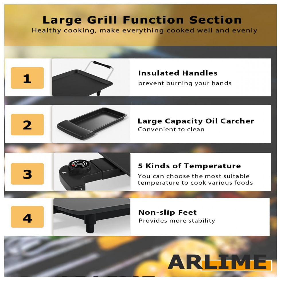 Miniatura Churrasqueira Grill Elétrica para até 12 Pessoas com Pingadeira e Temperatura Ajustável, 110V, ARLIME, Preta