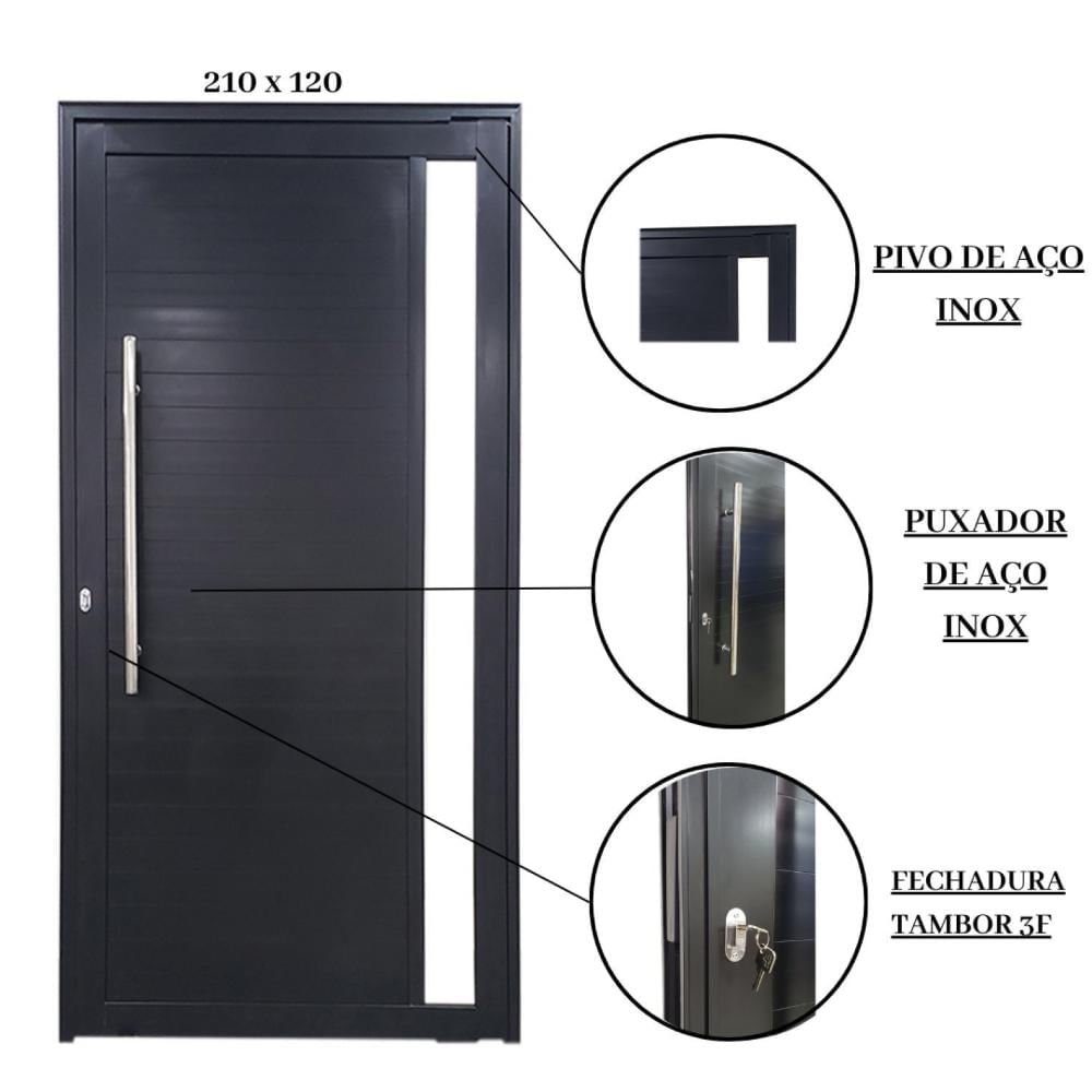 Porta Pivotante de Alumínio 210 x 120cm com Visor 30 Esquerda Esquadrias Bergamo Preto