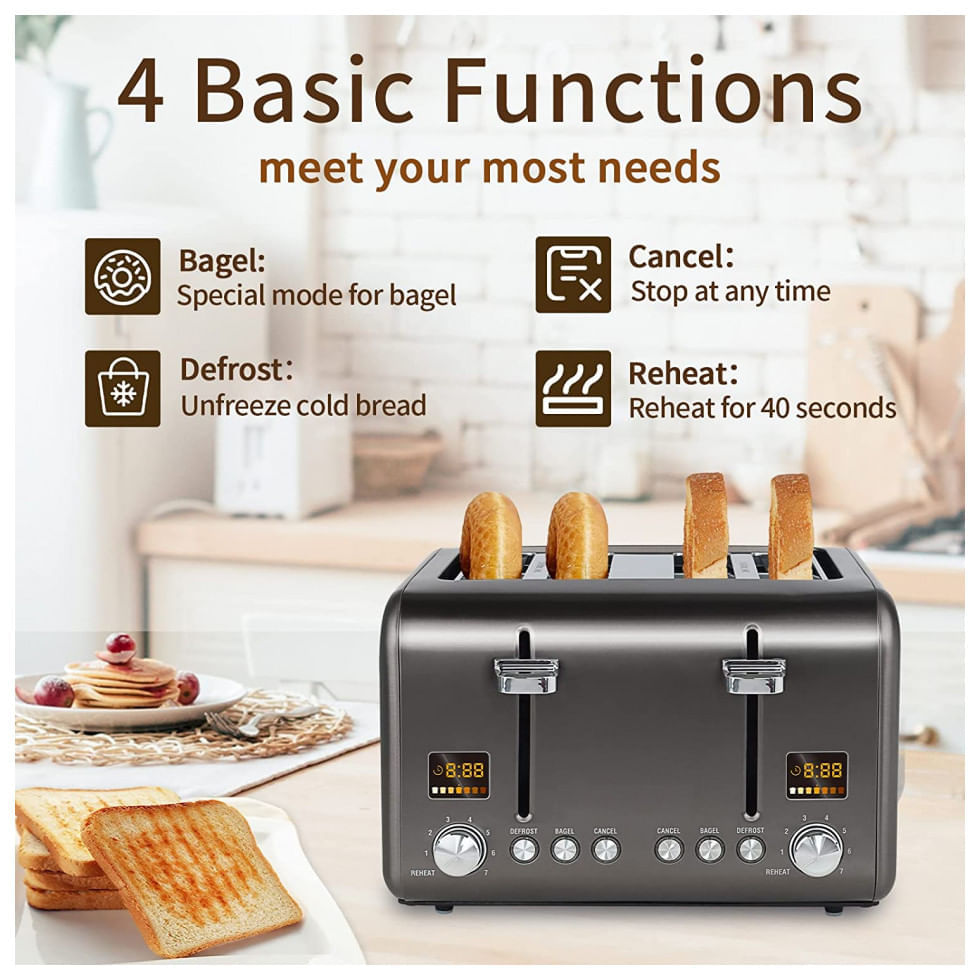 Miniatura Torradeira Elétrica 4 Fatias, Aço Inoxidável 1800W, 110v, SEEDEEM, Cinza escuro