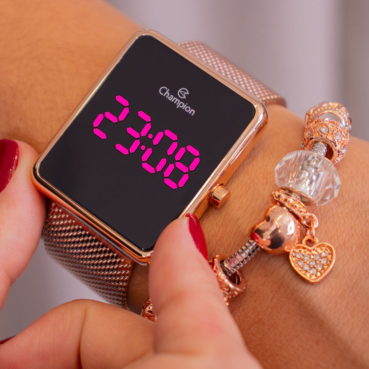 Miniatura Relógio Feminino Champion Digital Quadrado Rosé CH40083H Led Rosa + Pulseira Berloques