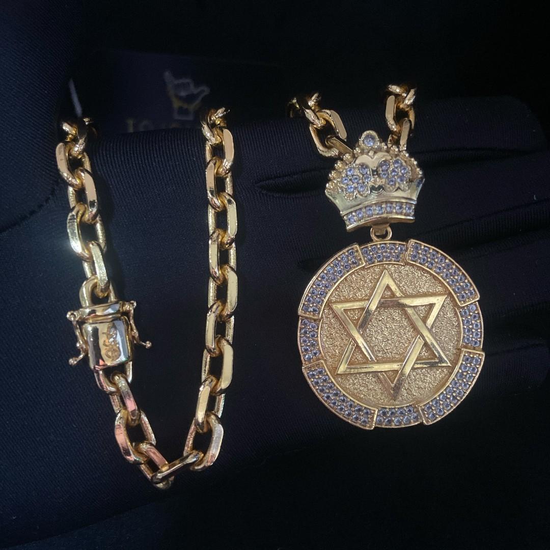 Miniatura Cordão Cadeado 8Mm + Pingente Estrela De Davi Banhado A Ouro