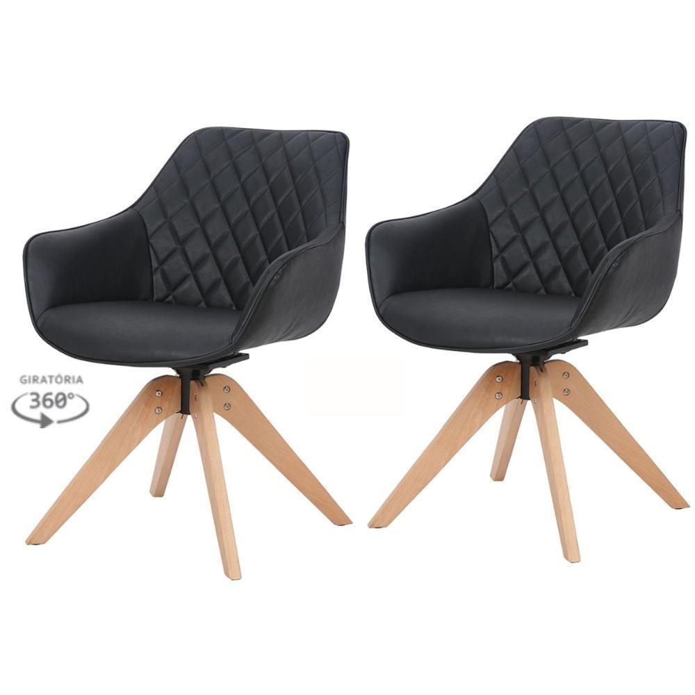 Miniatura Kit 2 Cadeiras Giratórias Com Braço Cíntia Rivatti Em Poliuretano (pu) Preto Base Madeira