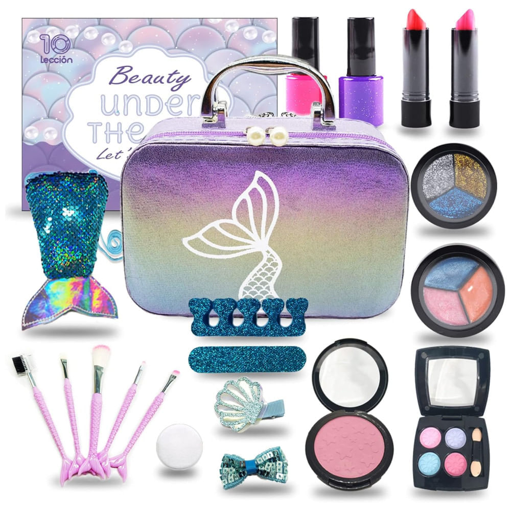 Miniatura Kit de Maquiagem Infantil Lavável com 20 Peças para Crianças de 4 a 10 Anos, 10Leccion Sereia, Roxo e Rosa 110v