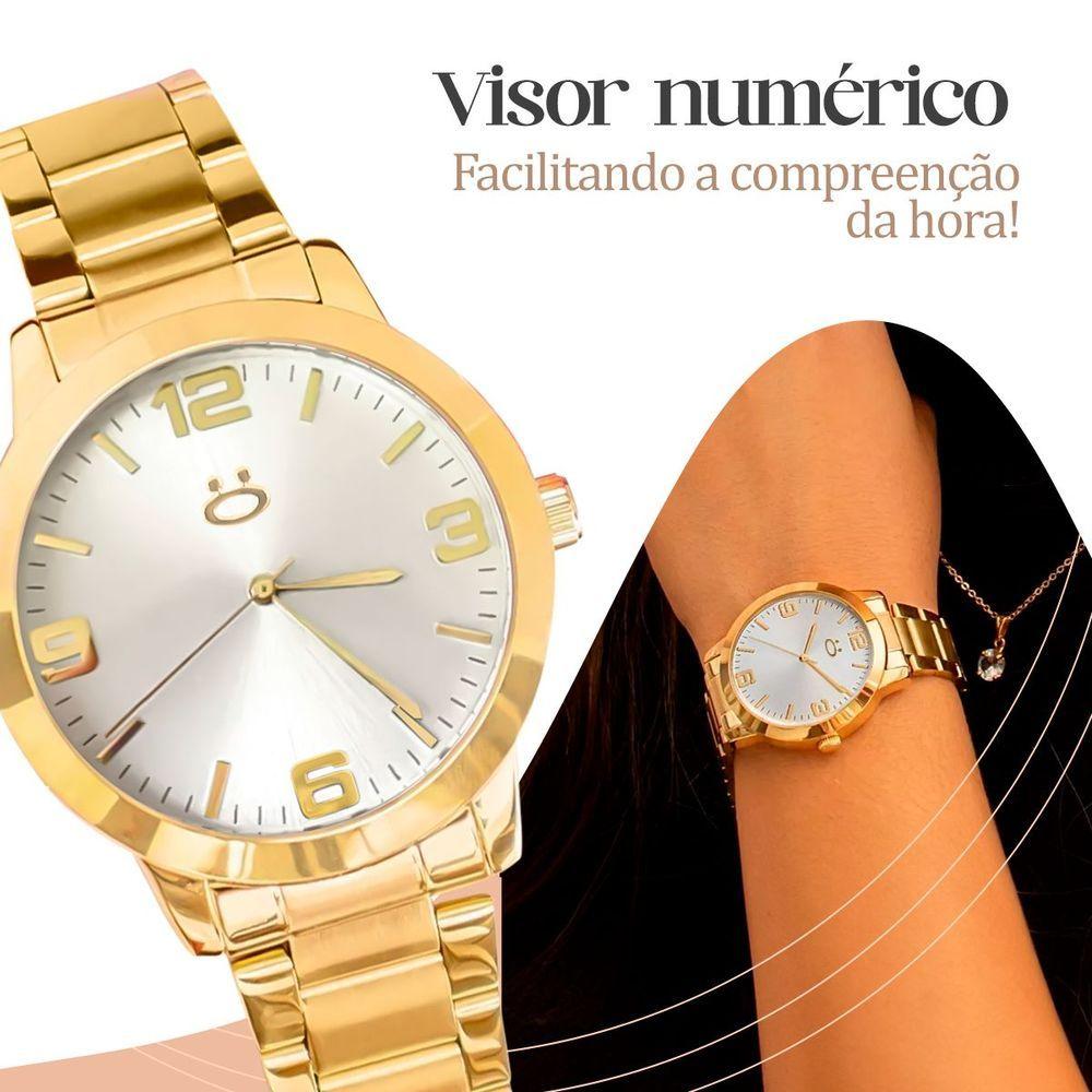 Miniatura Relogio Feminino Dourado Aço Inox + Caixa + Brincos + Colar Social Moda Casual Presente Strass