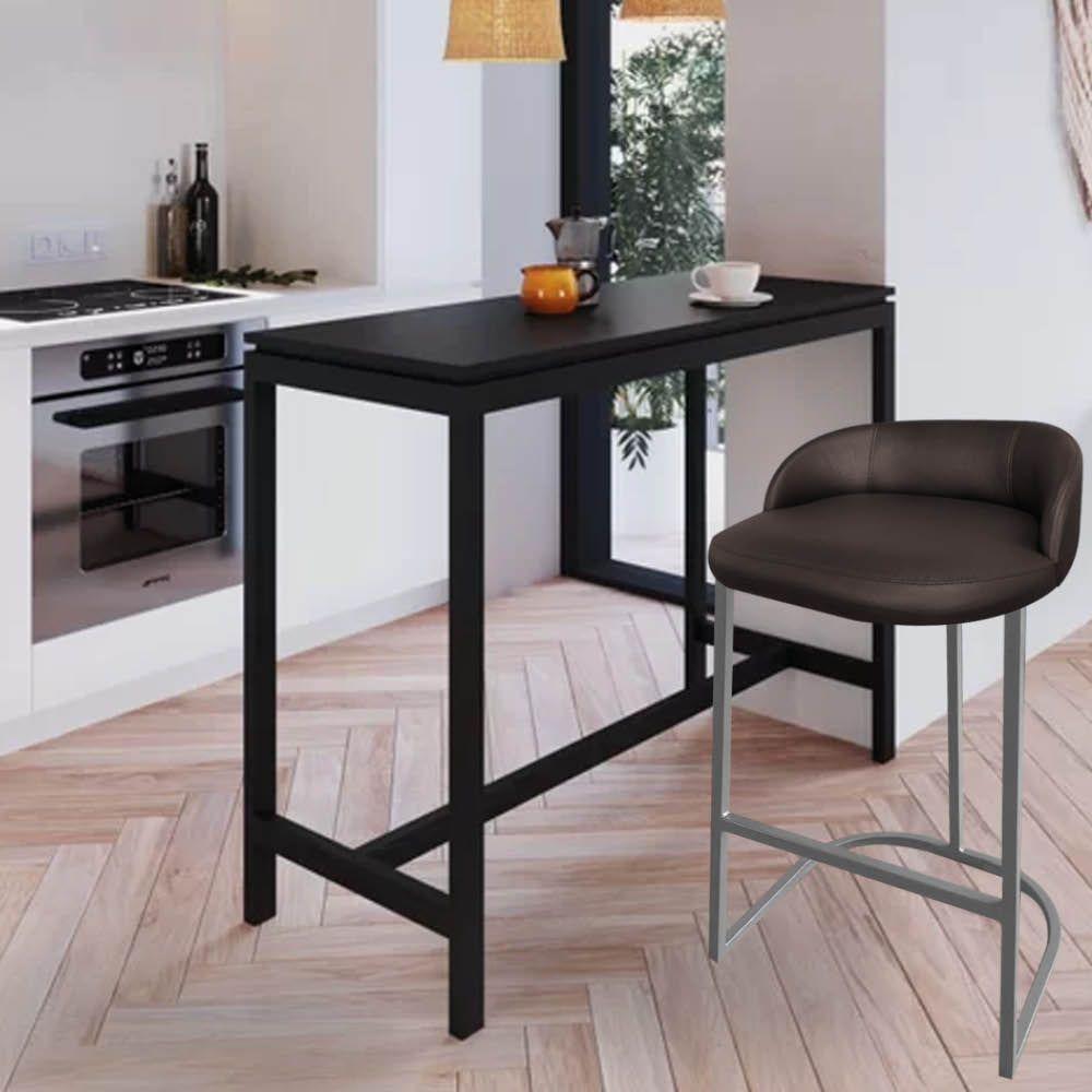 Miniatura Banqueta Betyna Com Encosto Alta Cozinha Bar Balcão Ferro Cinza Sintético Marrom - Amey Decor