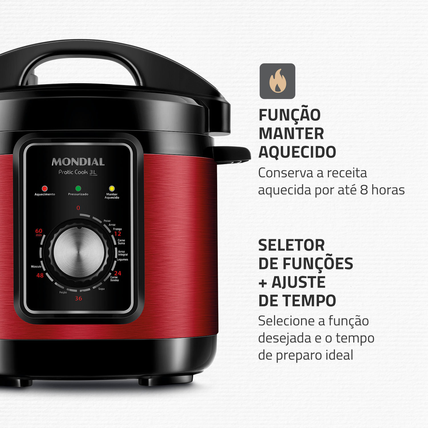 Panela de Pressão Elétrica Mondial Pratic Cook 3L Red Premium I PE-47-3L-RI PANELA ELÉTRICA DE PRESSÃO-127V-VERMELHO/INOX