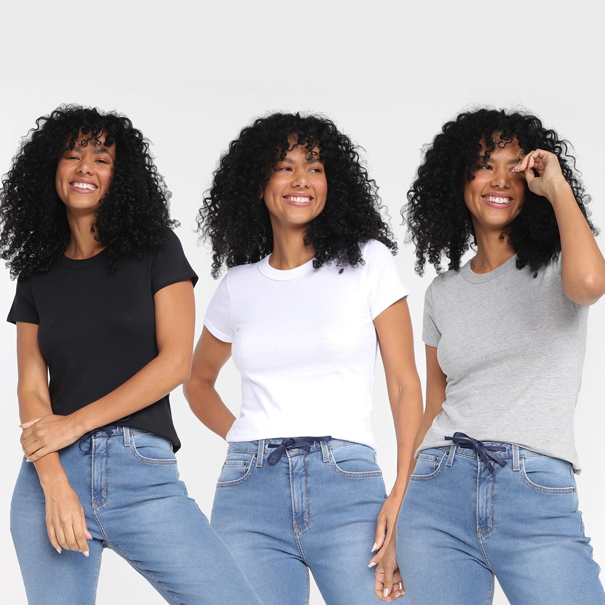 Miniatura Kit Camiseta Hering Básica Feminina 3 Peças Preto+Branco - G