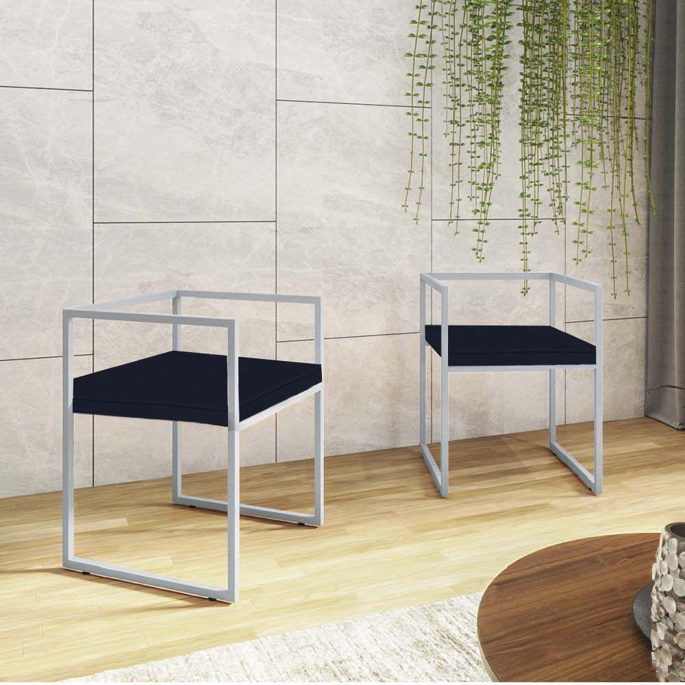 Miniatura Kit 07 Cadeira De Jantar Cubo Ferro Prata Suede Azul Marinho - Amey Decor