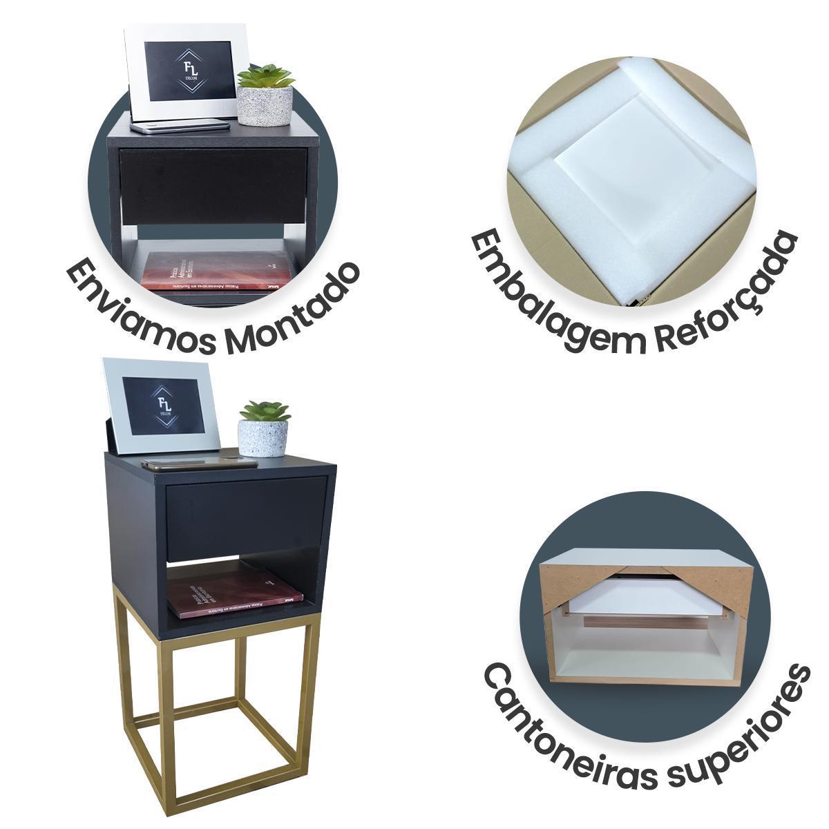 Miniatura Kit 2 Mesas Cabeceira 30Cm Preto 1 Gaveta Metal Ind Dourado