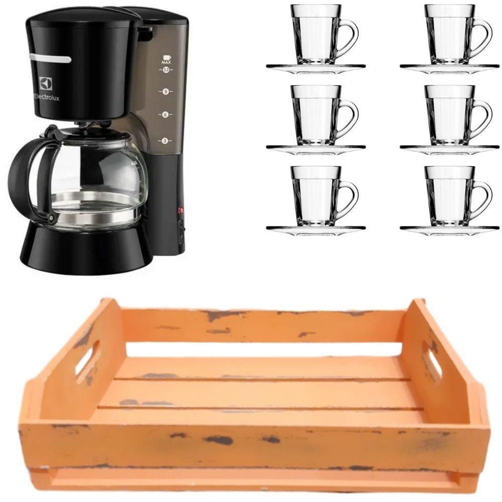 Miniatura Kit Cafeteira 110V E Jogo 6 Xícaras E Bandeja Mdf Laranja